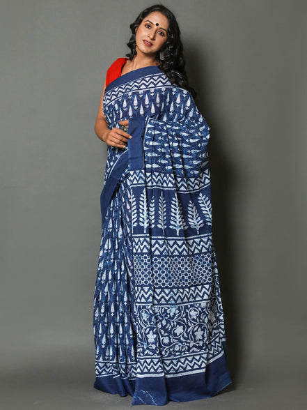 Taraangi Indigo Mulmul Cotton Saree – Handblock Heritage Drapes