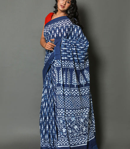 Taraangi Indigo Mulmul Cotton Saree – Handblock Heritage Drapes