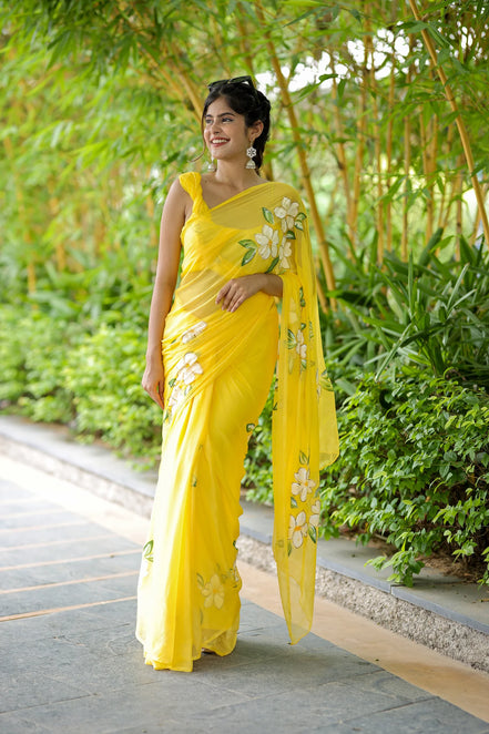 Vasudhara Yellow Chiffon Hand-Painted Saree – Blooming Jasmine Charm