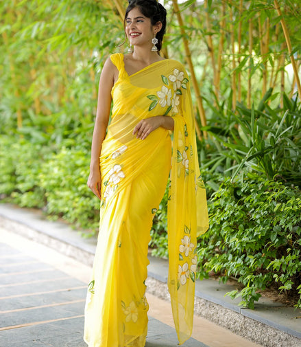 Vasudhara Yellow Chiffon Hand-Painted Saree – Blooming Jasmine Charm