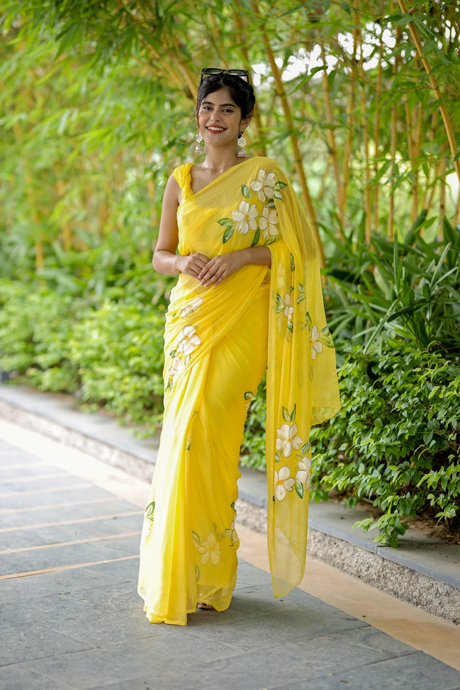 Vasudhara Yellow Chiffon Hand-Painted Saree – Blooming Jasmine Charm