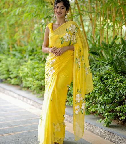 Vasudhara Yellow Chiffon Hand-Painted Saree – Blooming Jasmine Charm