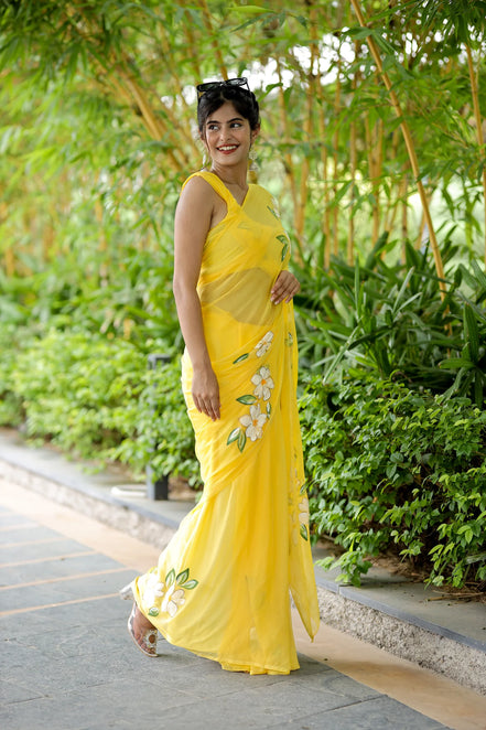Vasudhara Yellow Chiffon Hand-Painted Saree – Blooming Jasmine Charm