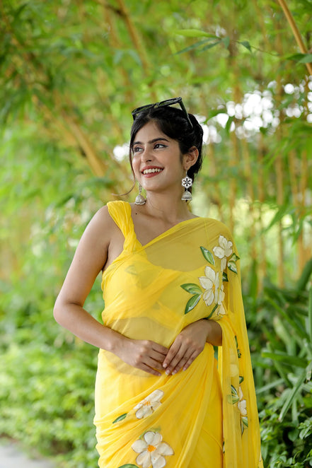 Vasudhara Yellow Chiffon Hand-Painted Saree – Blooming Jasmine Charm