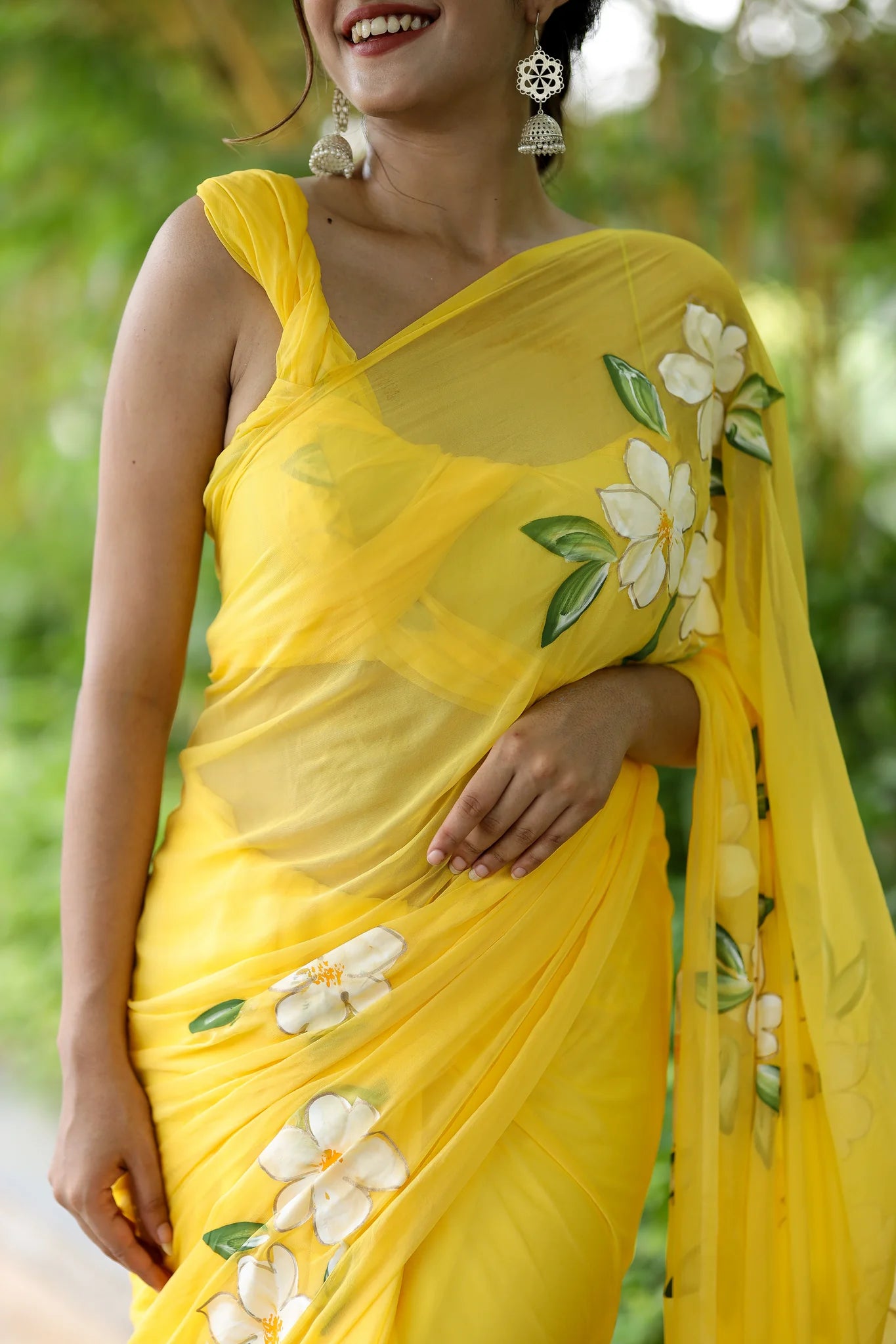 Vasudhara Yellow Chiffon Hand-Painted Saree – Blooming Jasmine Charm
