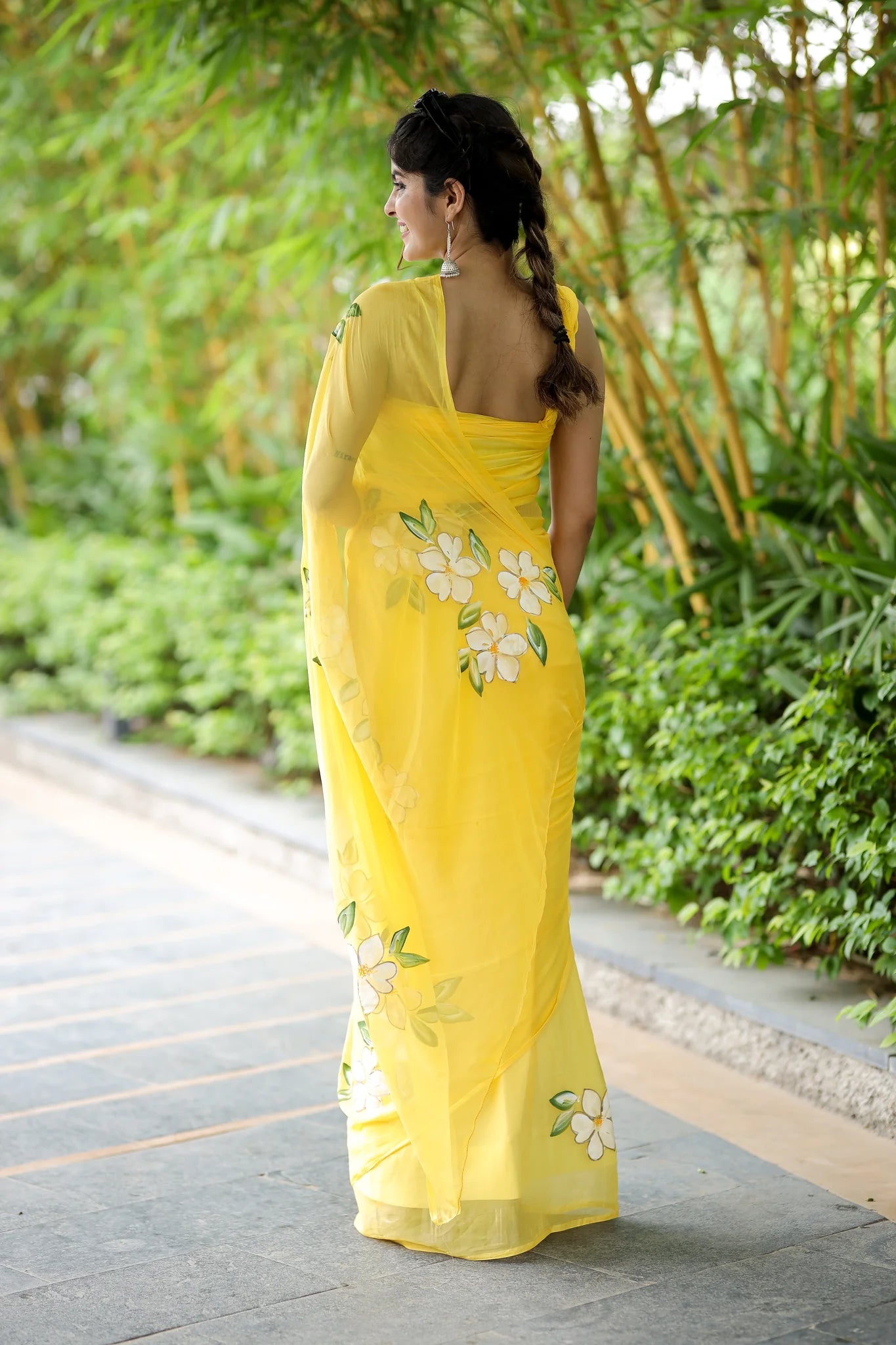 Vasudhara Yellow Chiffon Hand-Painted Saree – Blooming Jasmine Charm