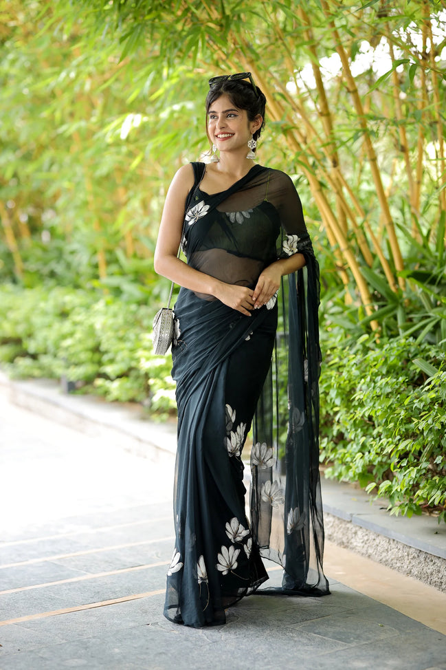 Chandrikaa Black Chiffon Hand-Painted Saree – Timeless Grace with Lotus Motifs