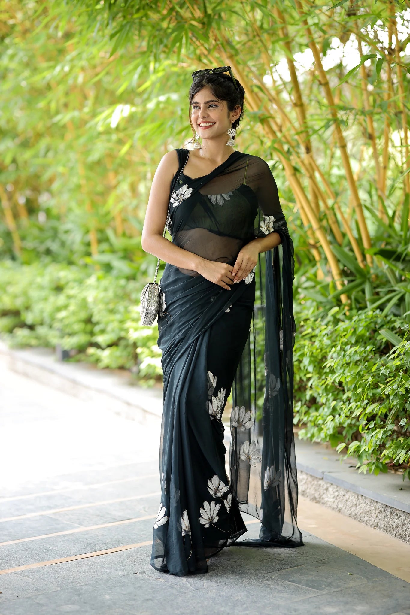 Chandrikaa Black Chiffon Hand-Painted Saree – Timeless Grace with Lotus Motifs