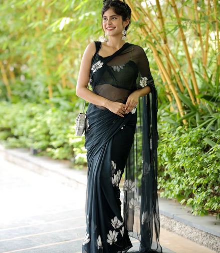Chandrikaa Black Chiffon Hand-Painted Saree – Timeless Grace with Lotus Motifs