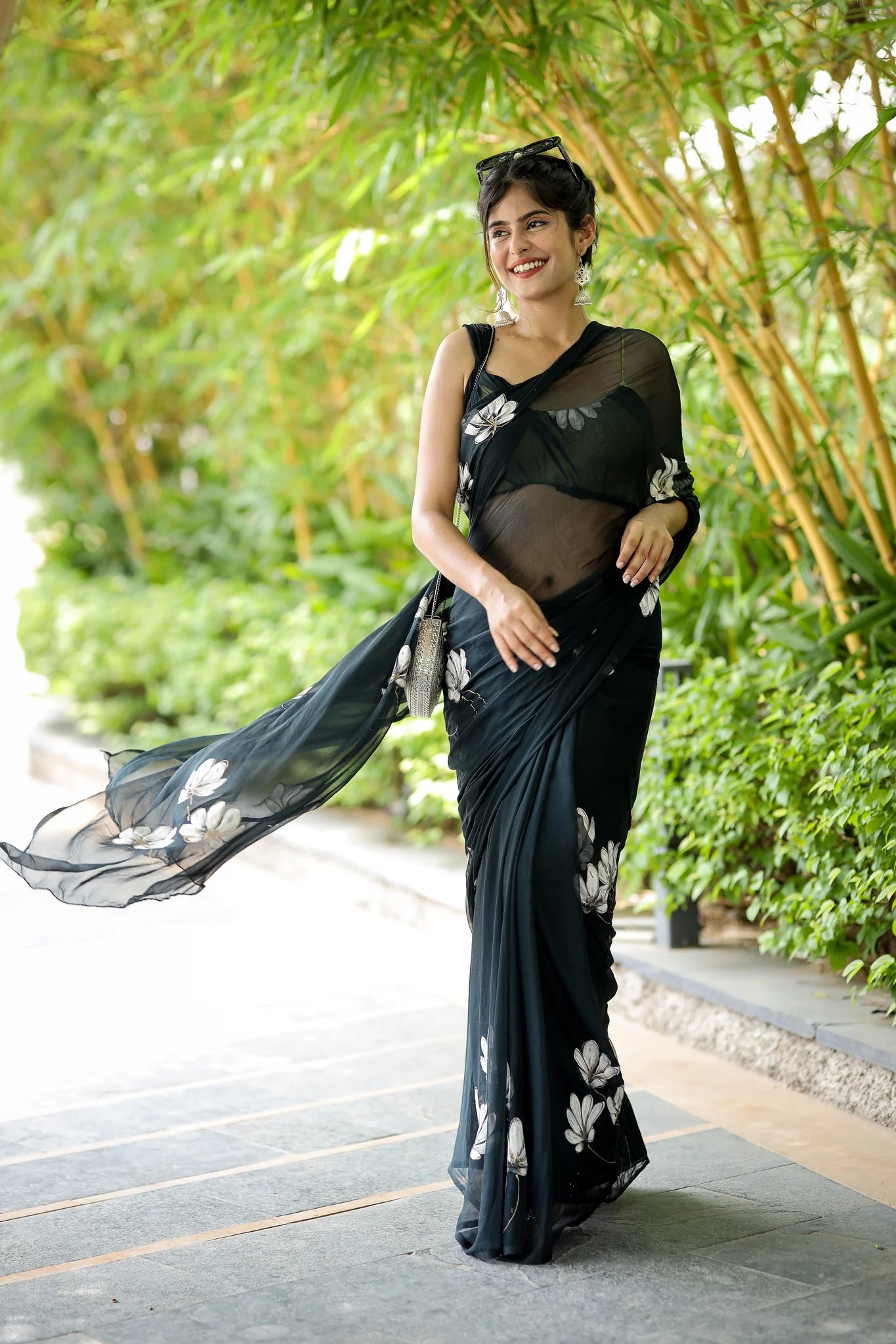 Chandrikaa Black Chiffon Hand-Painted Saree – Timeless Grace with Lotus Motifs