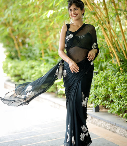 Chandrikaa Black Chiffon Hand-Painted Saree – Timeless Grace with Lotus Motifs