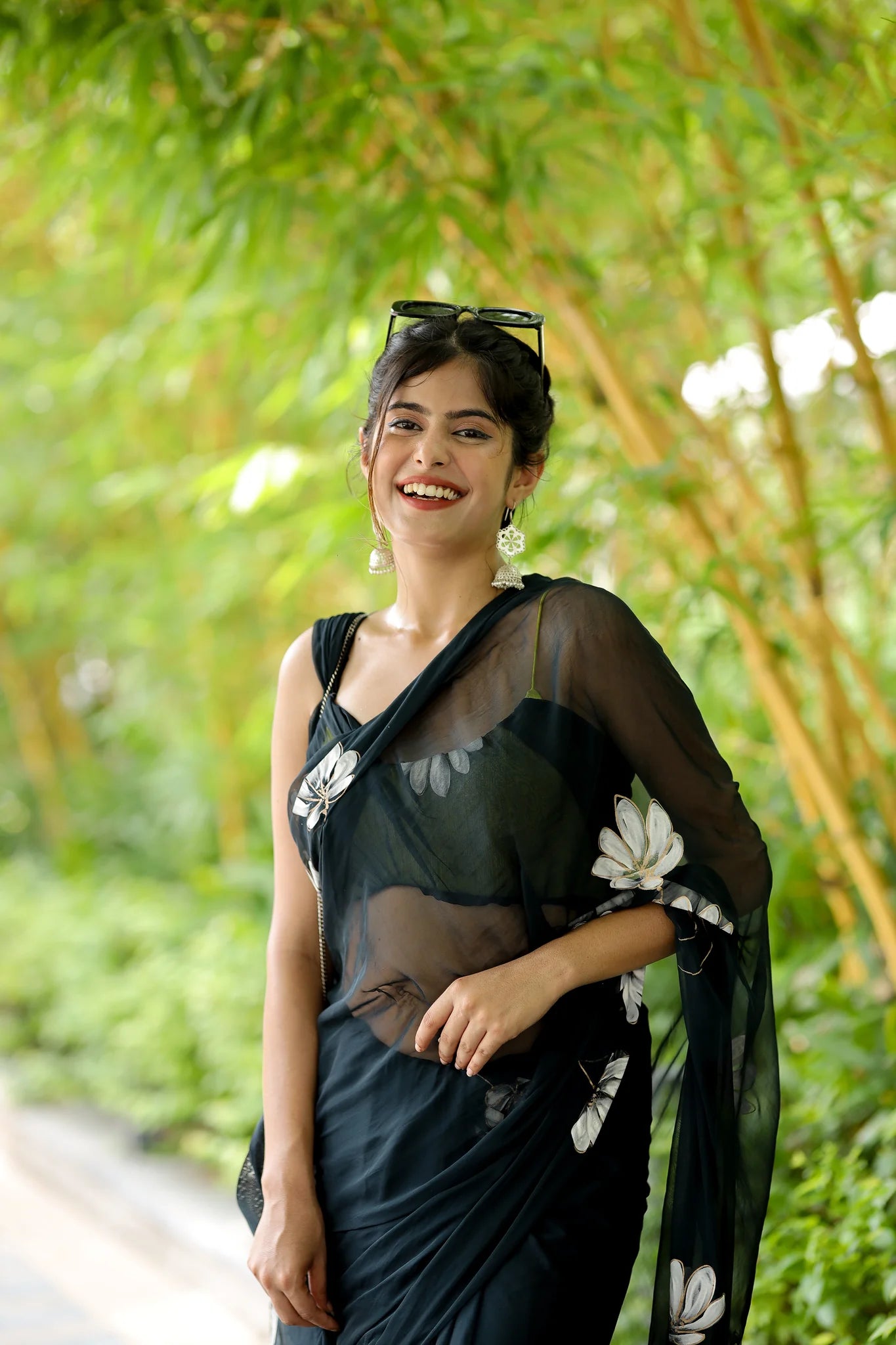 Chandrikaa Black Chiffon Hand-Painted Saree – Timeless Grace with Lotus Motifs