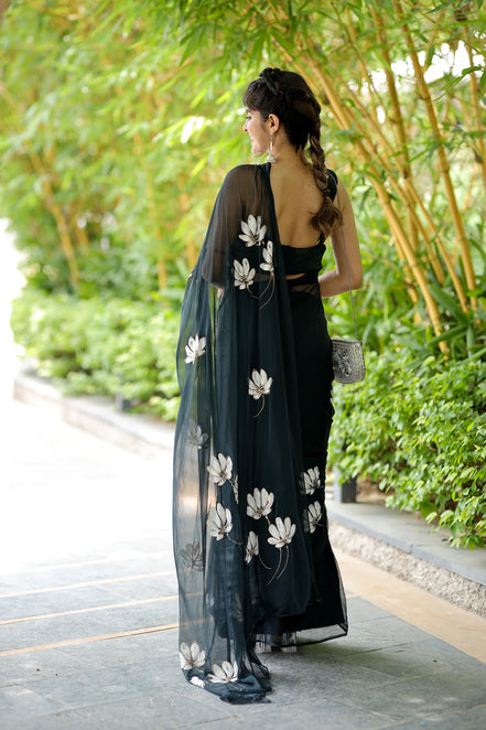 Chandrikaa Black Chiffon Hand-Painted Saree – Timeless Grace with Lotus Motifs