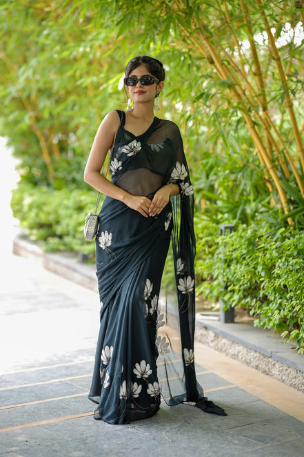 Chandrikaa Black Chiffon Hand-Painted Saree – Timeless Grace with Lotus Motifs
