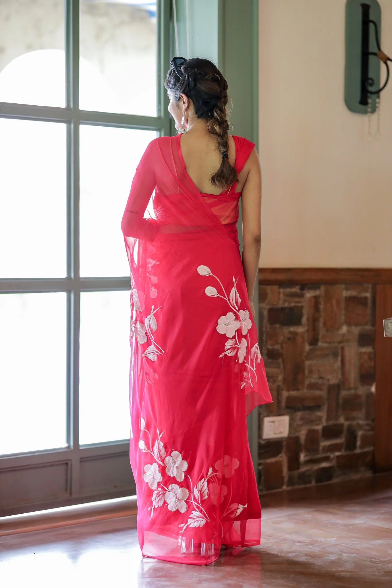Arunika Pink Chiffon Hand-Painted Saree – Blossom Glow & Sheer Charm