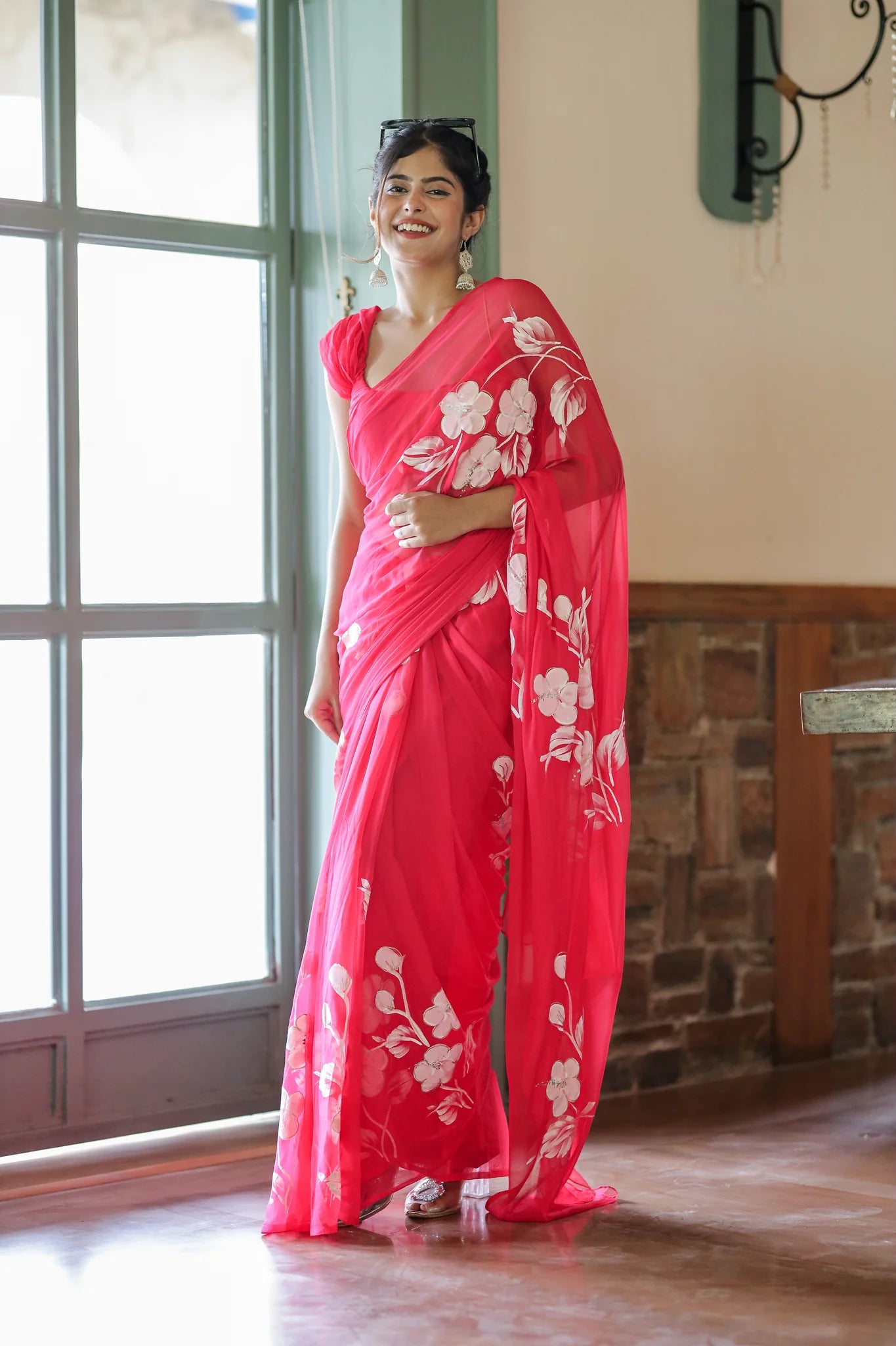 Arunika Pink Chiffon Hand-Painted Saree – Blossom Glow & Sheer Charm