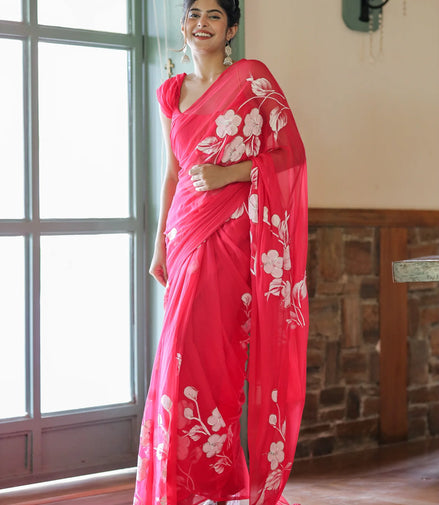 Arunika Pink Chiffon Hand-Painted Saree – Blossom Glow & Sheer Charm