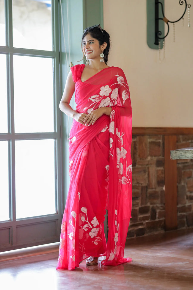 Arunika Pink Chiffon Hand-Painted Saree – Blossom Glow & Sheer Charm