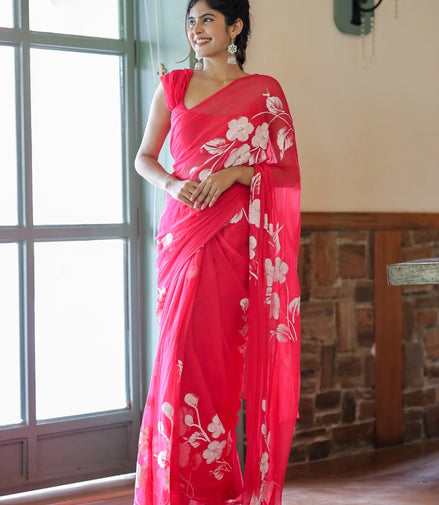 Arunika Pink Chiffon Hand-Painted Saree – Blossom Glow & Sheer Charm