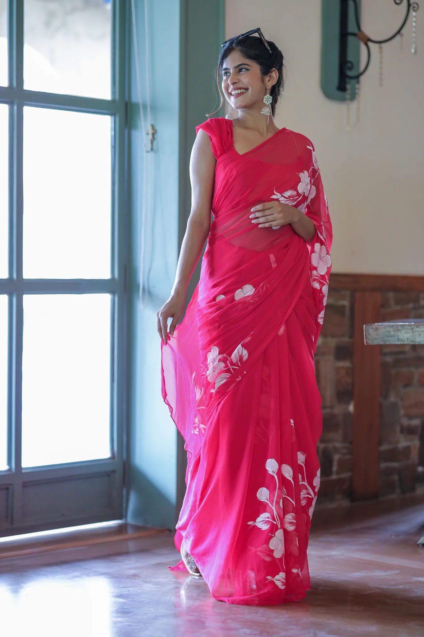 Arunika Pink Chiffon Hand-Painted Saree – Blossom Glow & Sheer Charm