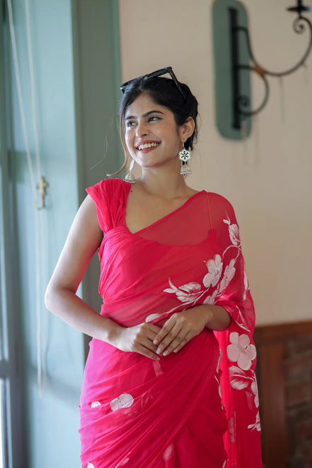 Arunika Pink Chiffon Hand-Painted Saree – Blossom Glow & Sheer Charm