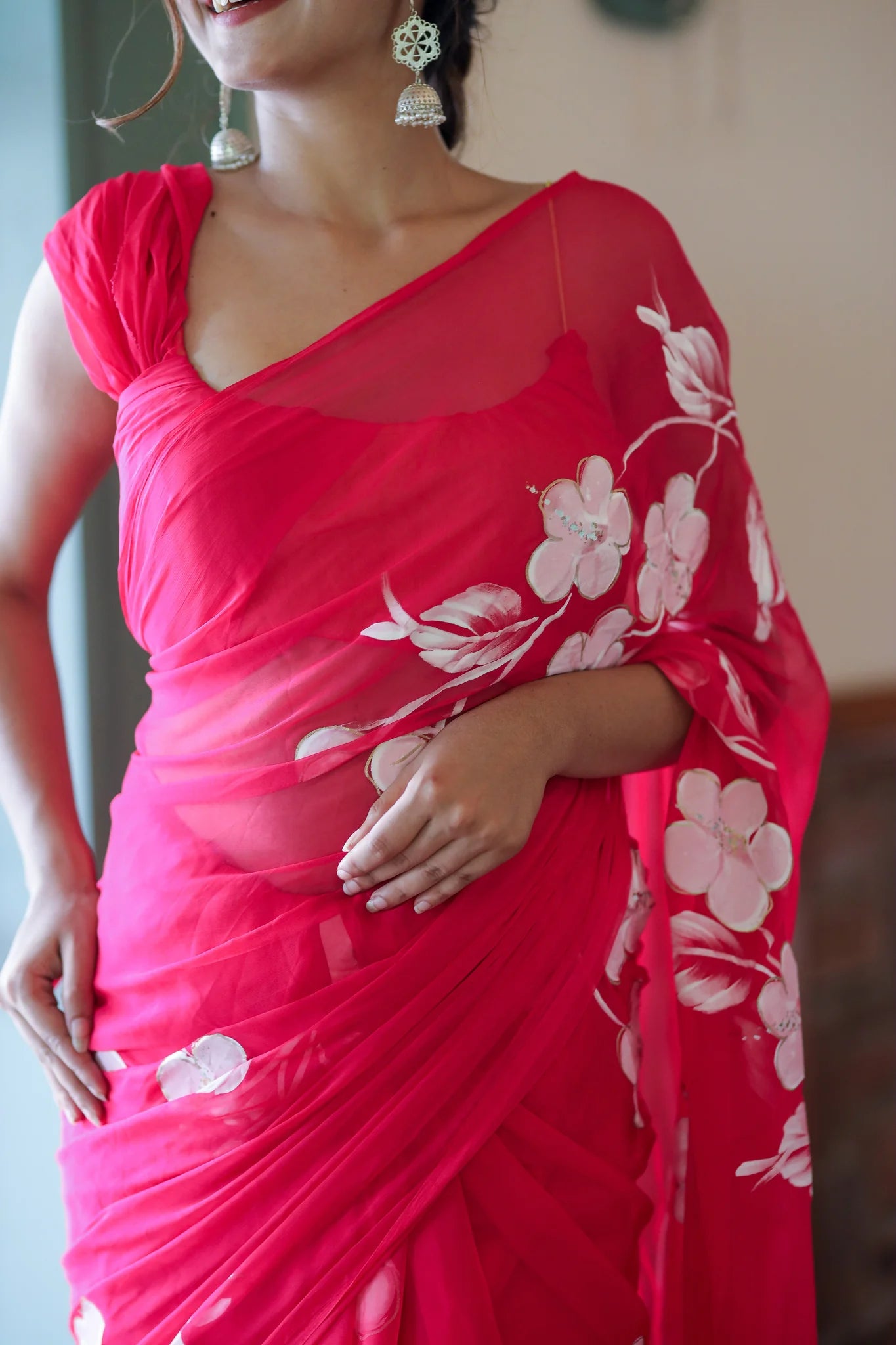 Arunika Pink Chiffon Hand-Painted Saree – Blossom Glow & Sheer Charm