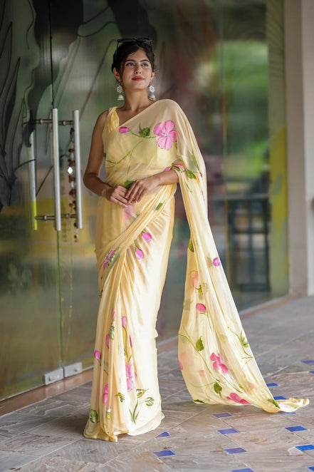 Harini Yellow Chiffon Hand-Painted Saree – Hibiscus Elegance in Sheer Grace