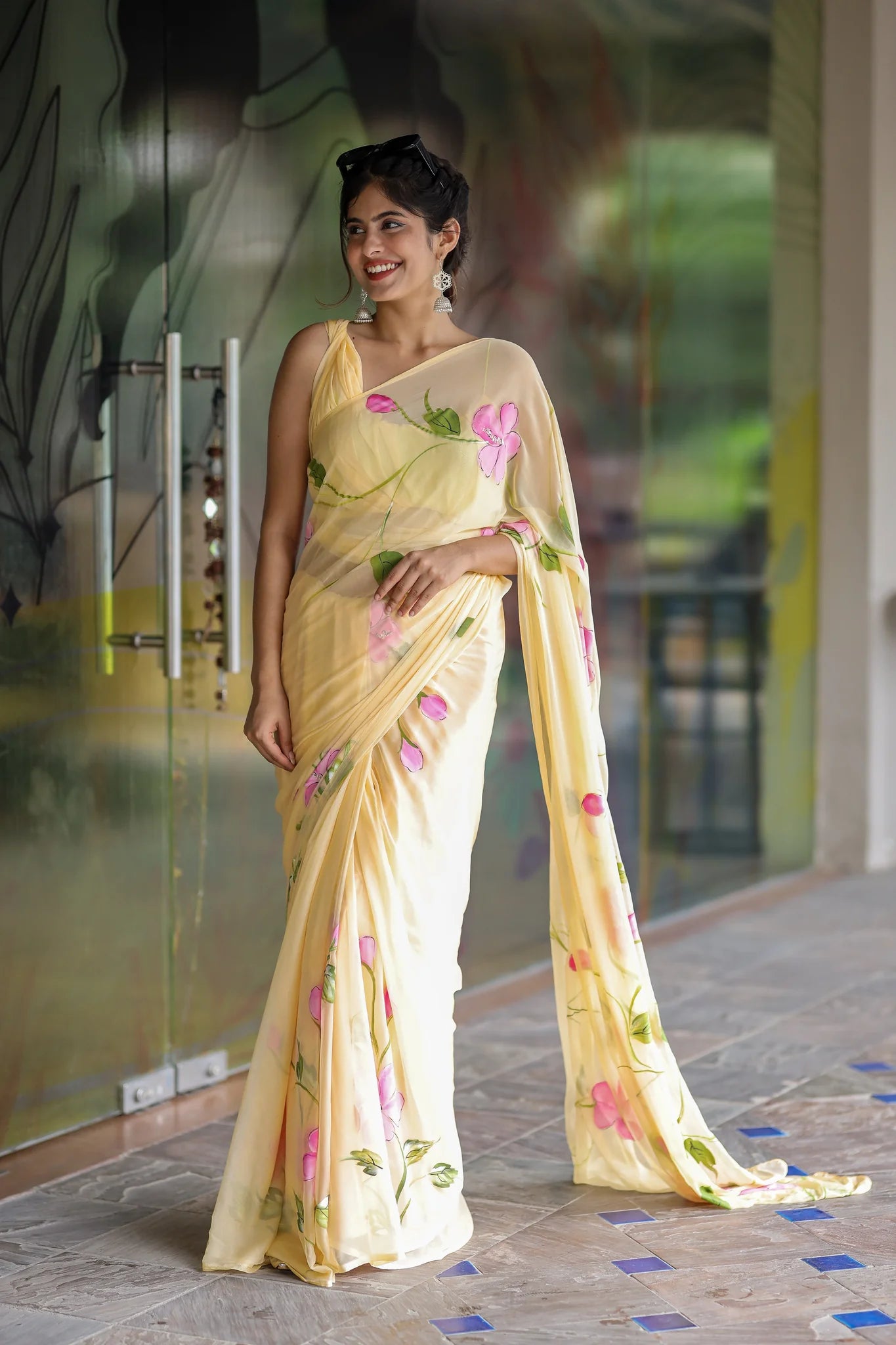 Harini Yellow Chiffon Hand-Painted Saree – Hibiscus Elegance in Sheer Grace