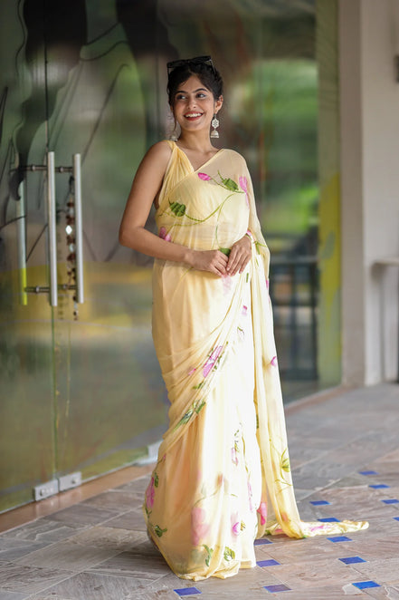 Harini Yellow Chiffon Hand-Painted Saree – Hibiscus Elegance in Sheer Grace