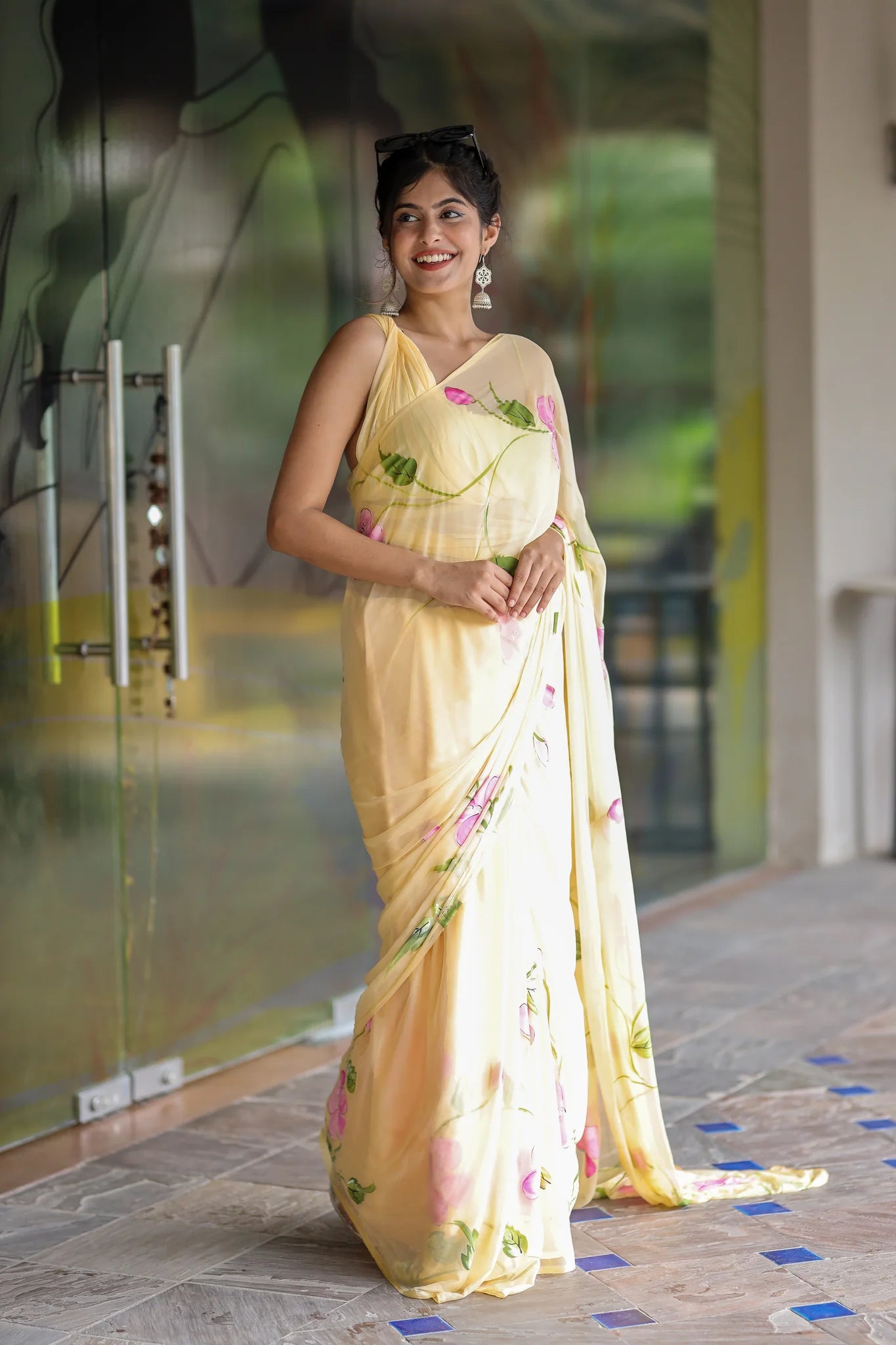 Harini Yellow Chiffon Hand-Painted Saree – Hibiscus Elegance in Sheer Grace