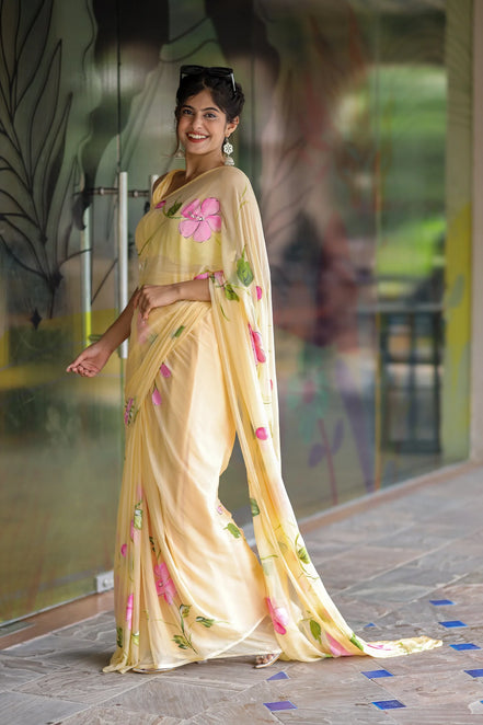 Harini Yellow Chiffon Hand-Painted Saree – Hibiscus Elegance in Sheer Grace