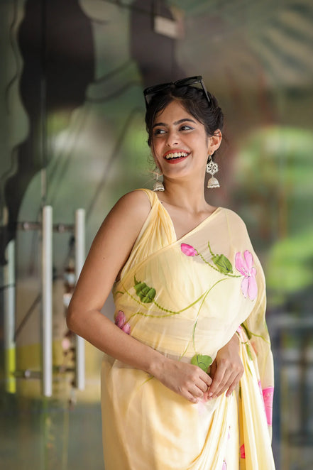 Harini Yellow Chiffon Hand-Painted Saree – Hibiscus Elegance in Sheer Grace