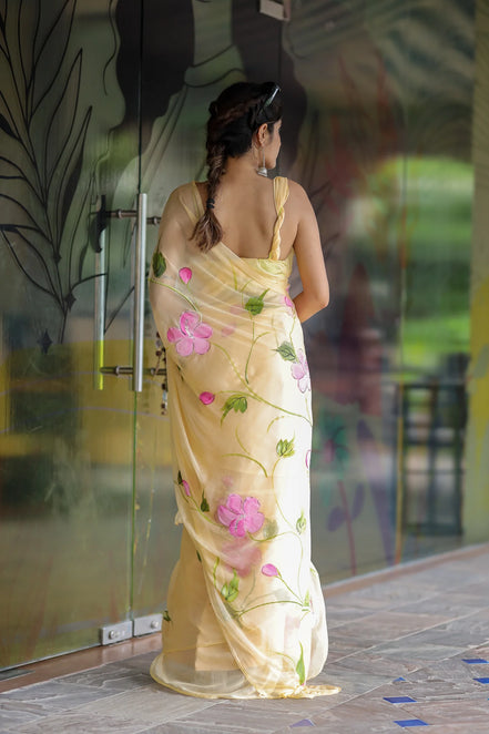 Harini Yellow Chiffon Hand-Painted Saree – Hibiscus Elegance in Sheer Grace