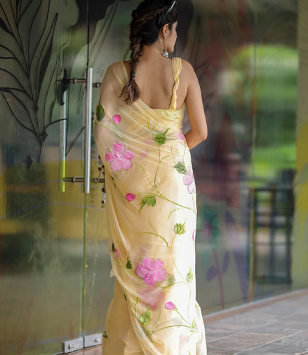 Harini Yellow Chiffon Hand-Painted Saree – Hibiscus Elegance in Sheer Grace