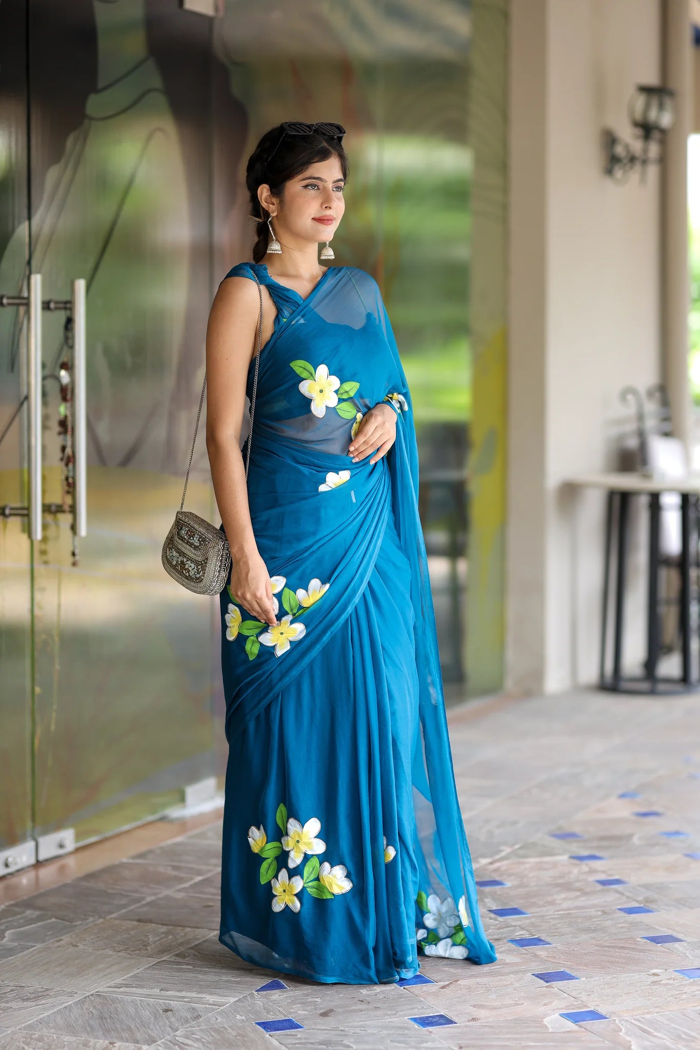 Nayantara Blue Chiffon Hand-Painted Saree – Frangipani Florals & Breezy Elegance