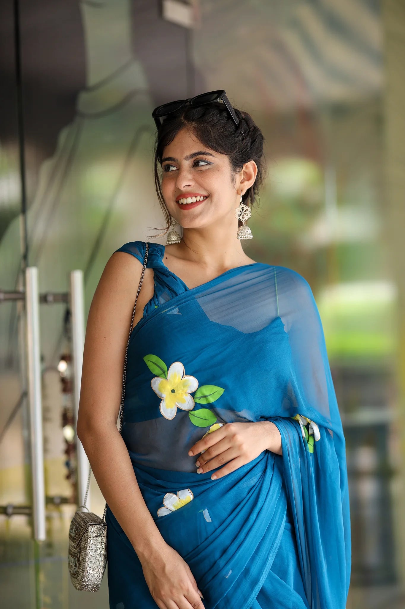 Nayantara Blue Chiffon Hand-Painted Saree – Frangipani Florals & Breezy Elegance