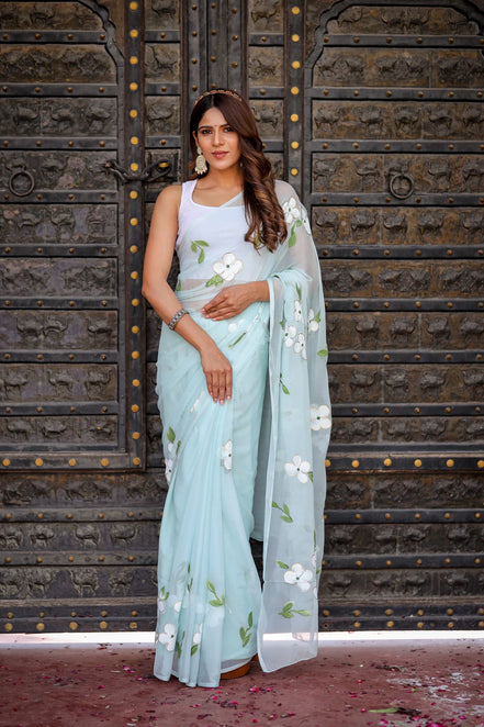 Ahalya Sky Blue Chiffon Hand-Painted Saree – Lotus Blooms & Ethereal Elegance