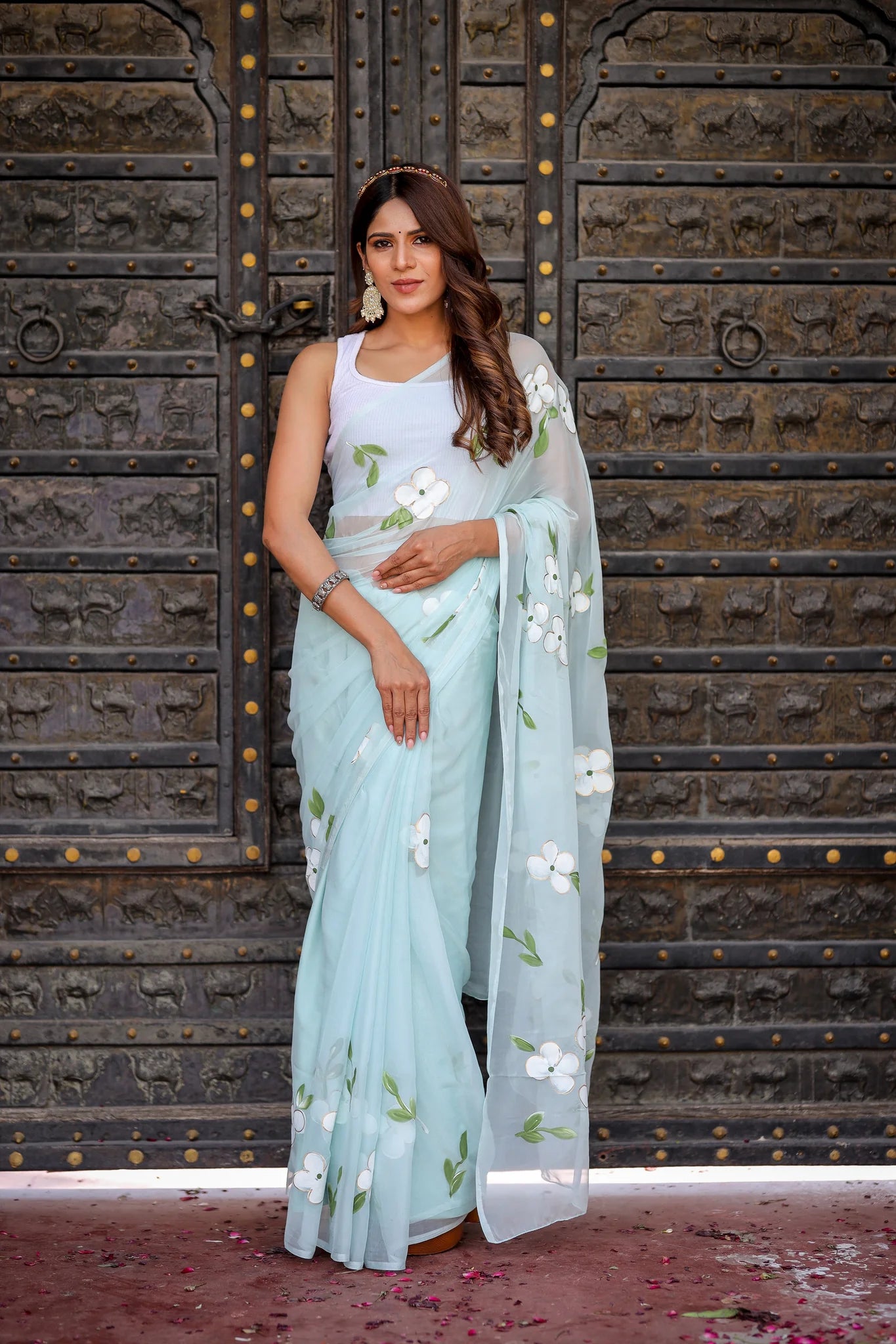 Ahalya Sky Blue Chiffon Hand-Painted Saree – Lotus Blooms & Ethereal Elegance