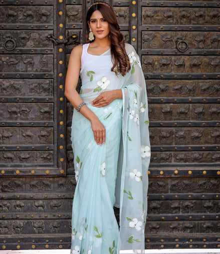 Ahalya Sky Blue Chiffon Hand-Painted Saree – Lotus Blooms & Ethereal Elegance