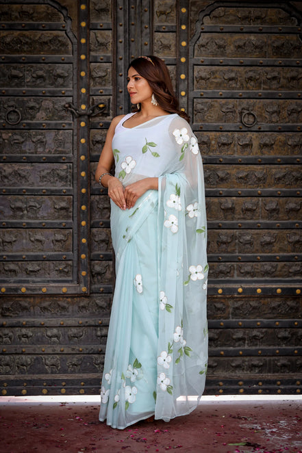 Ahalya Sky Blue Chiffon Hand-Painted Saree – Lotus Blooms & Ethereal Elegance