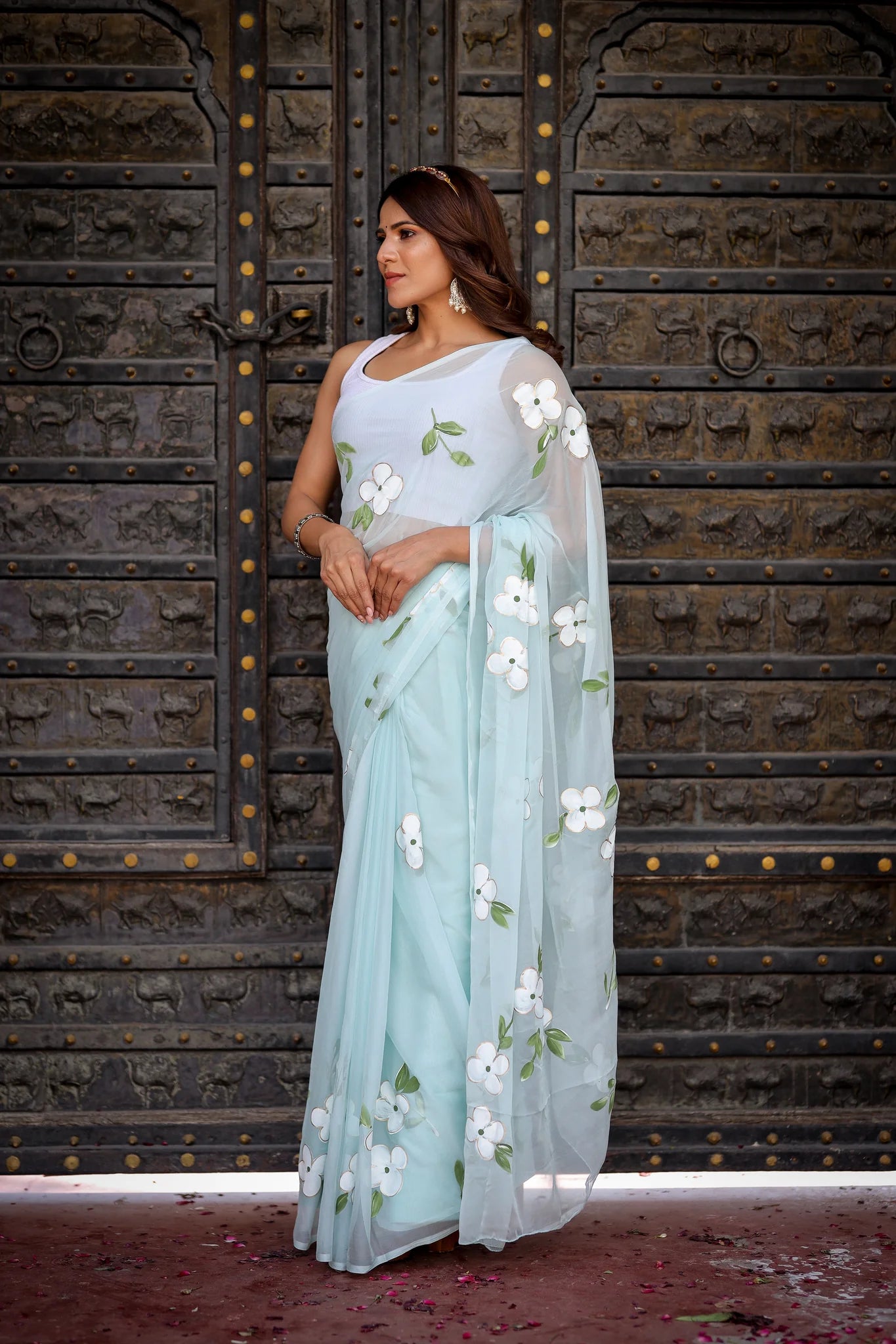 Ahalya Sky Blue Chiffon Hand-Painted Saree – Lotus Blooms & Ethereal Elegance