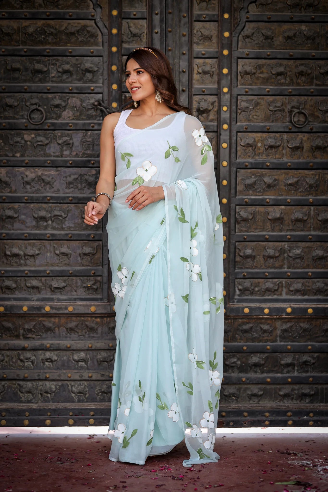 Ahalya Sky Blue Chiffon Hand-Painted Saree – Lotus Blooms & Ethereal Elegance
