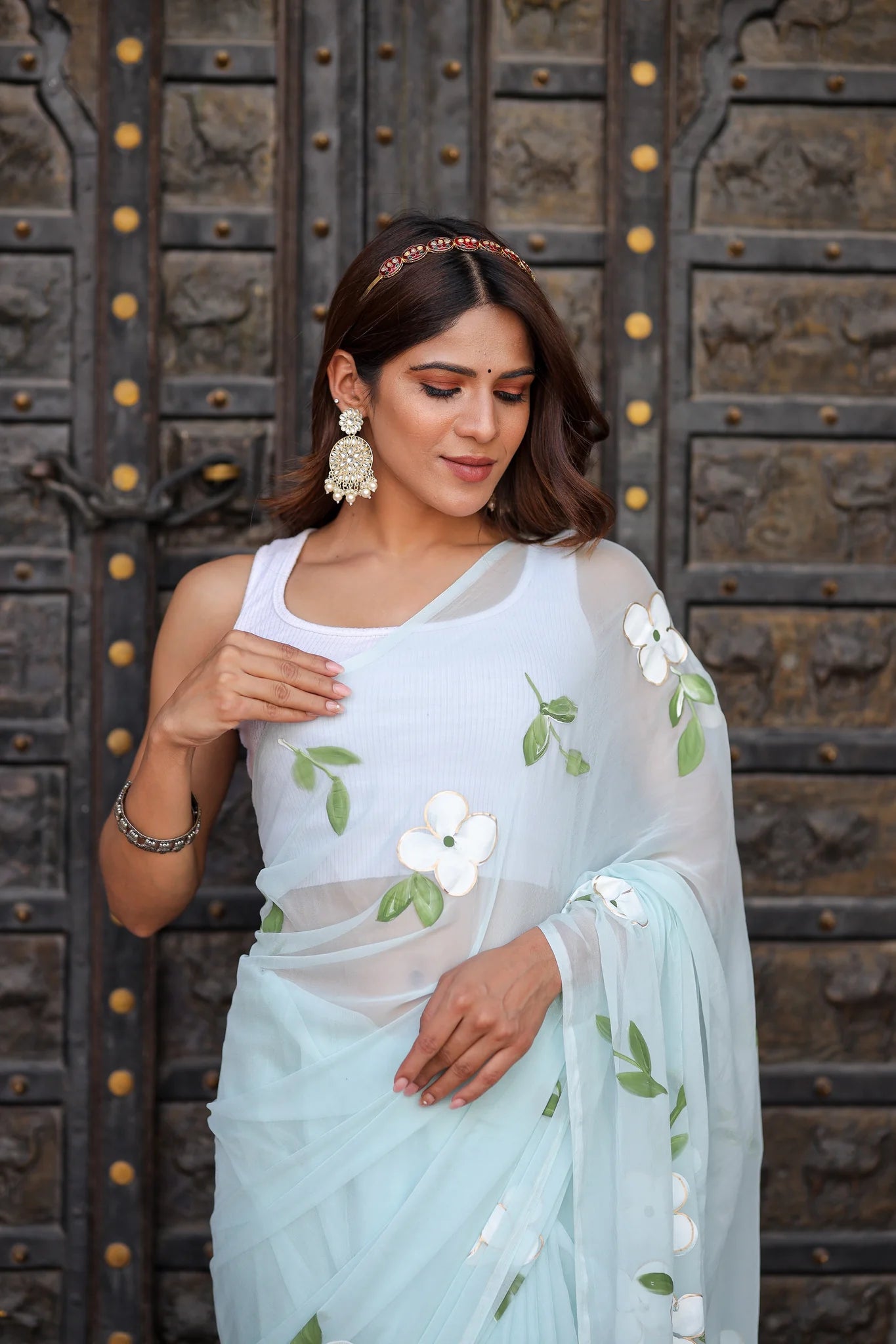 Ahalya Sky Blue Chiffon Hand-Painted Saree – Lotus Blooms & Ethereal Elegance
