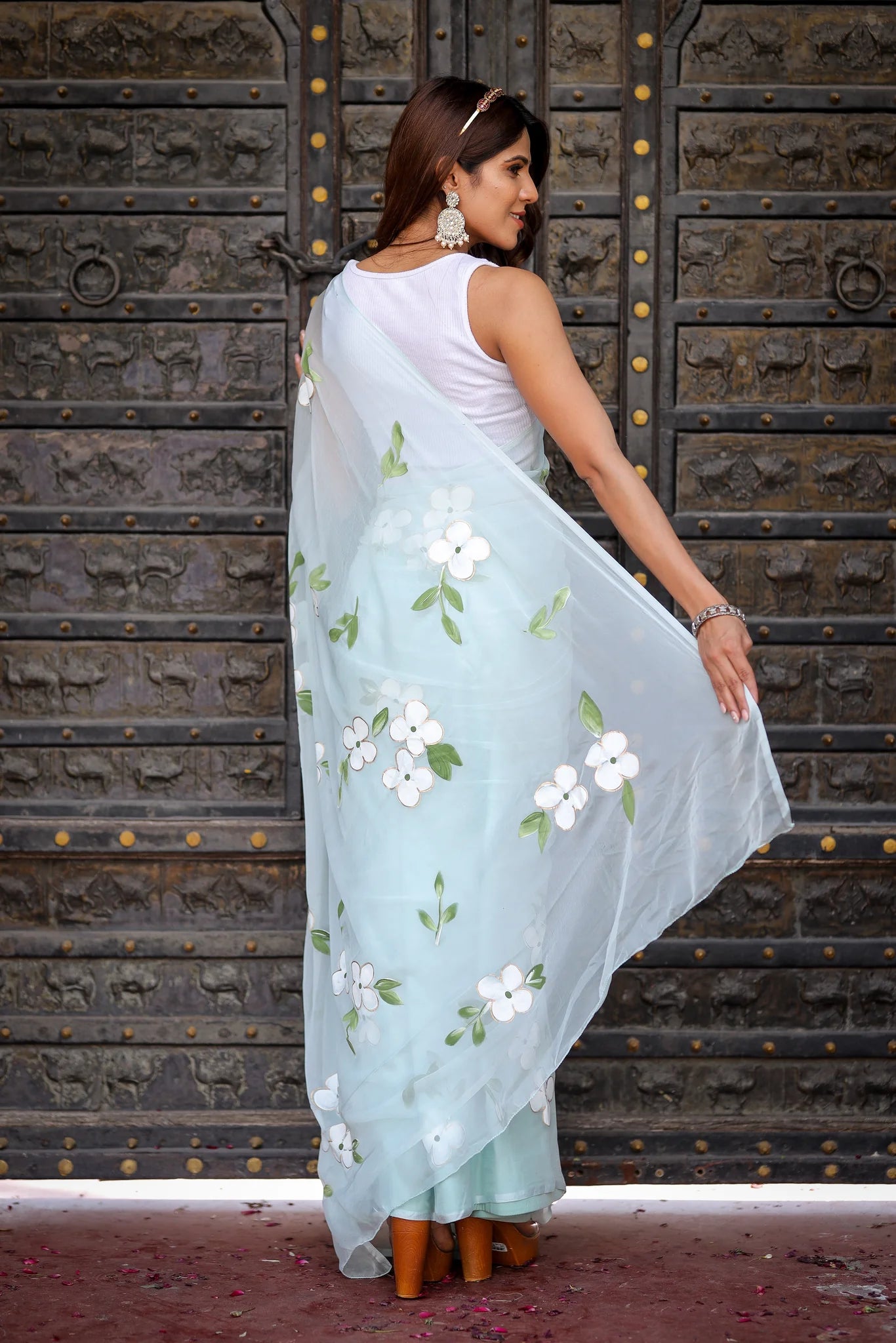 Ahalya Sky Blue Chiffon Hand-Painted Saree – Lotus Blooms & Ethereal Elegance