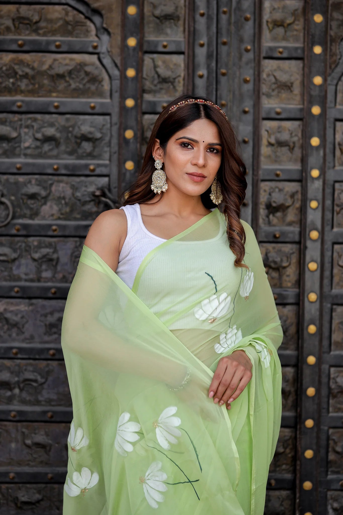 Harita Pastel Green Chiffon Hand-Painted Saree – Kamala Lotus Elegance & Serene Grace