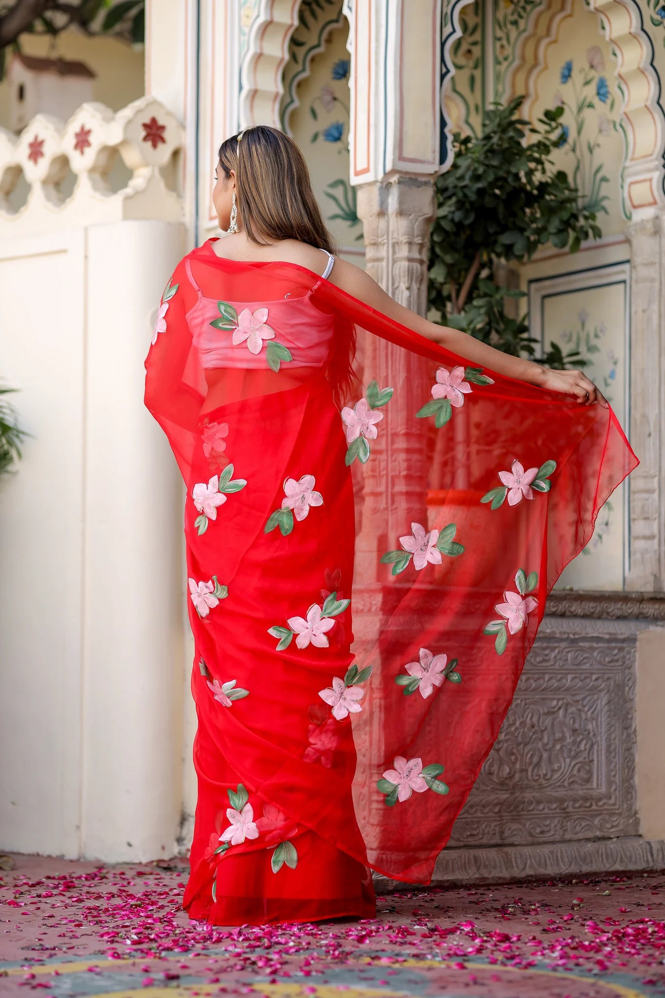 Raktima Red Chiffon Hand-Painted Saree – Floral Charm in Ethereal Drape