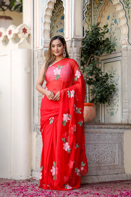 Raktima Red Chiffon Hand-Painted Saree – Floral Charm in Ethereal Drape