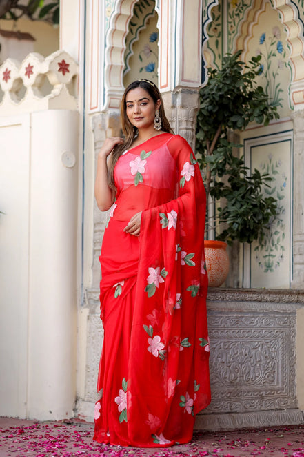 Raktima Red Chiffon Hand-Painted Saree – Floral Charm in Ethereal Drape
