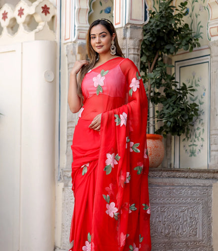 Raktima Red Chiffon Hand-Painted Saree – Floral Charm in Ethereal Drape