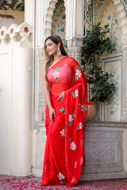 Raktima Red Chiffon Hand-Painted Saree – Floral Charm in Ethereal Drape